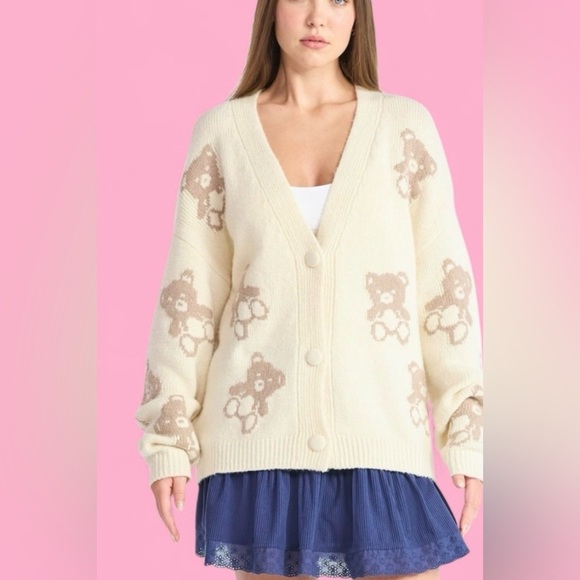 No Boundaries Sweaters - No Boundaries Cream and Brown Bear Cardigan Women’s Oversized XS fits medium